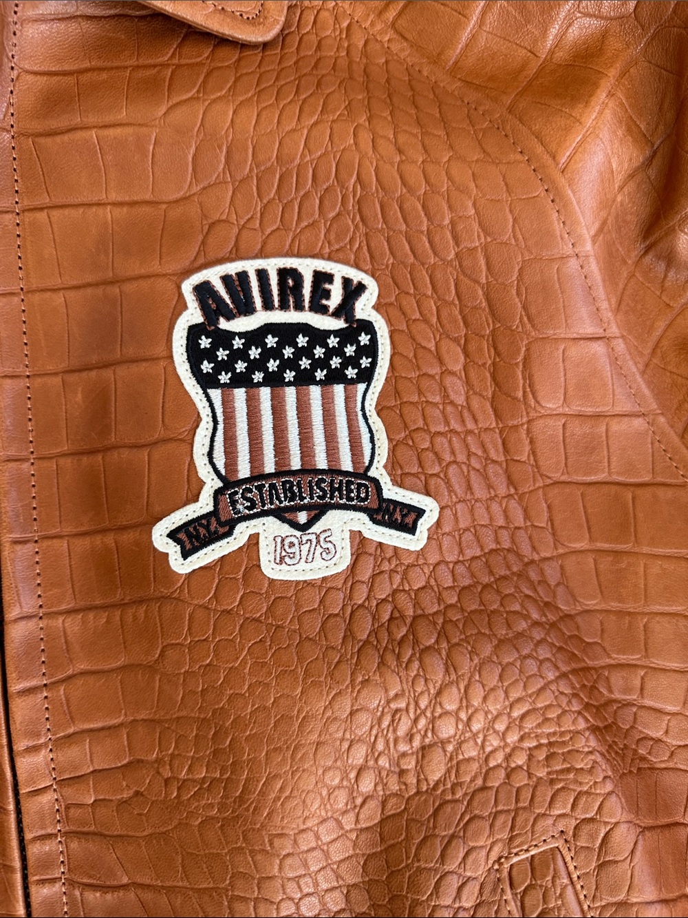 Avirex Croc-Embossed Tan/Brown Bomber Jacket with Crest Patch - Picture 6 of 10